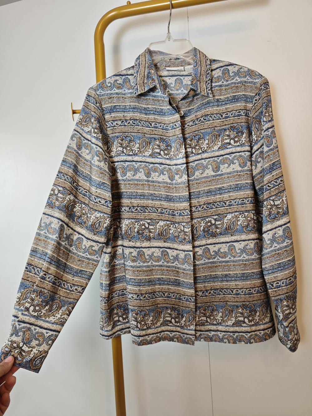 Vintage Neutral Koret Blue and Taupe Paisley-Stripe Button Down Shirt Size 8